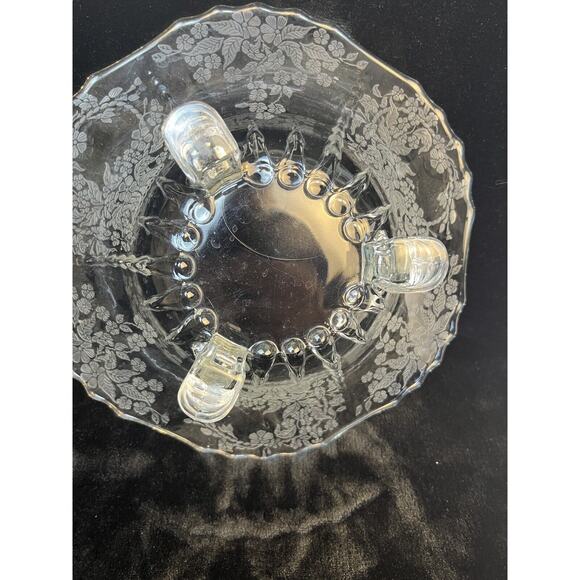New Martinsville Flower Basket-Clear 11 Inch 3 Toed Footed Etched Crimped Bowl - Picture 5 of 6